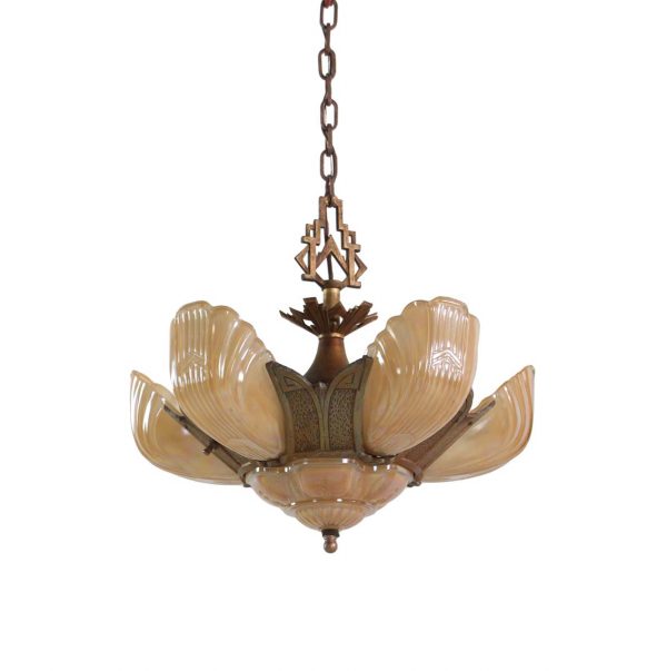 Chandeliers - Art Deco Bronze 5 Iridescent Glass Slip Shade Chandelier