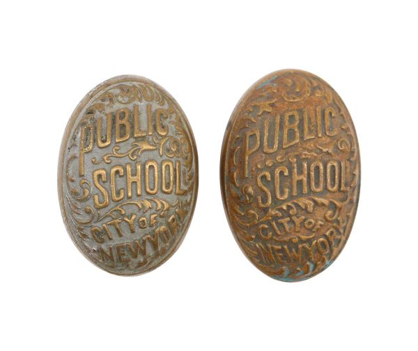 Door Knobs - Pair of Oval Bronze City of New York Public School Door Knobs