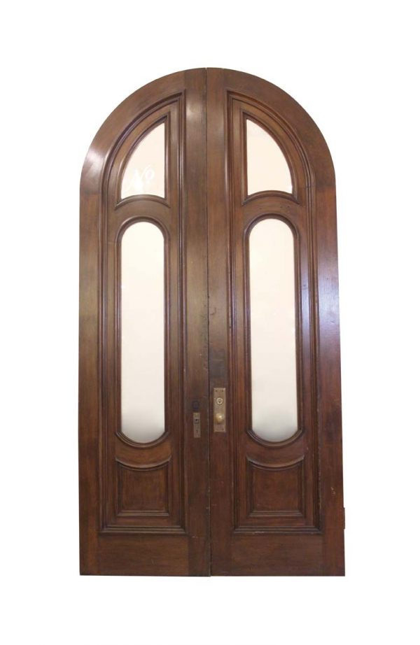 Entry Doors - Antique Arched Brownstone Entry Double Doors with Frosted Glass Lites