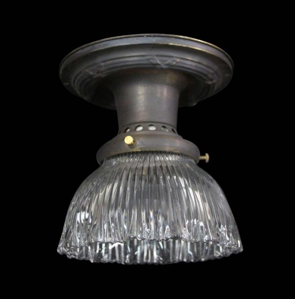 Flush & Semi Flush Mounts - 1910 Ruffled Holophane Prism Glass & Brass Fitter Flush Mount Light