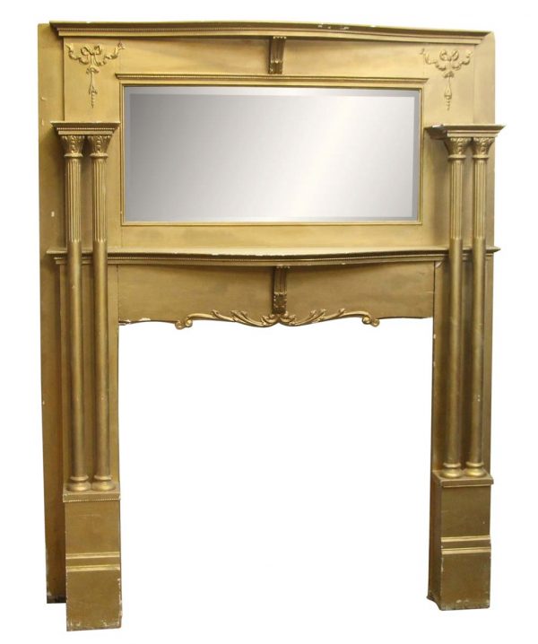 Mantels - Antique French 6.5 ft Tall Birch Wood Mantel with Beveled Mirror