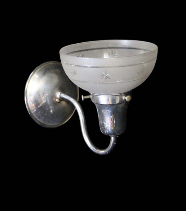Sconces & Wall Lighting - 1940s Frosted & Etched Glass Nickel Over Brass Bathroom Wall Sconce