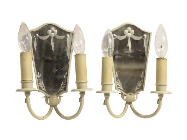 Sconces & Wall Lighting - Pair of 1920s Ivory Painted Brass Etched Mirror Wall Sconces