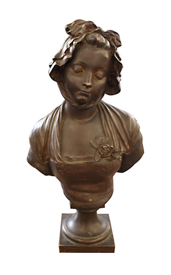 Statues & Sculptures - Antique 1800s Bronze Bust of Woman with Bonnet