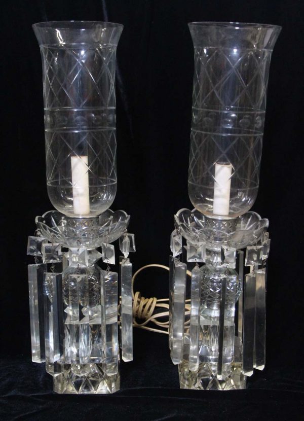 Table Lamps - Pair of Victorian Clear Crystal Hurricane Shade Table Lamps
