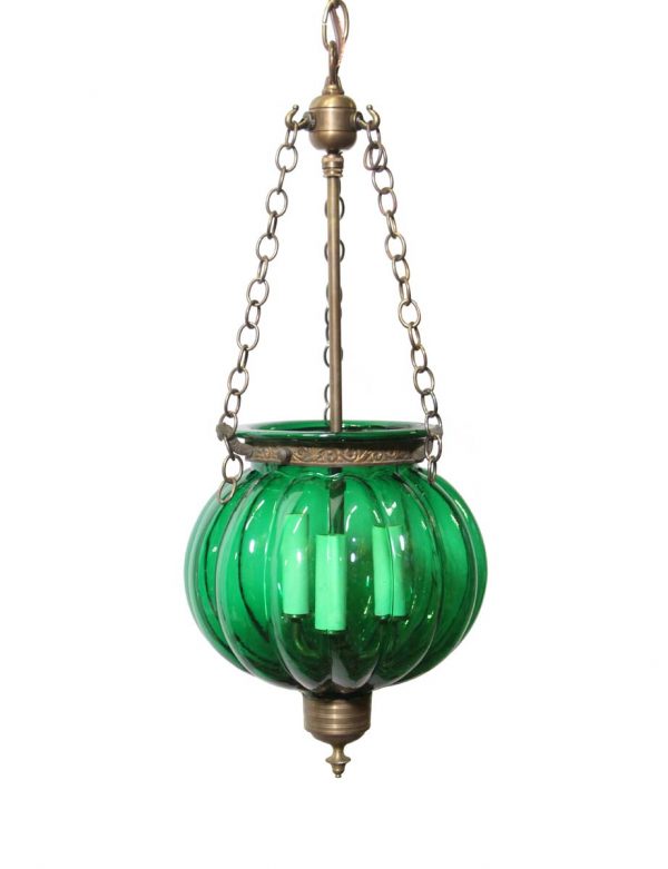 Up Lights - Antique 11 in. Green Crystal Pumpkin Bell Jar Pendant Light