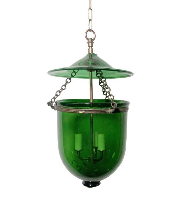 Up Lights - Antique 11 in. Green Hand Blown Crystal Glass Bell Jar Pendant Light