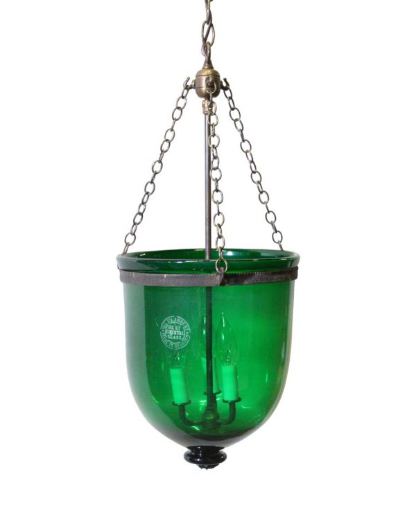 Up Lights - Val Saint Lambert Antique Signed 12.5 in. Green Crystal Bell Jar Pendant Light