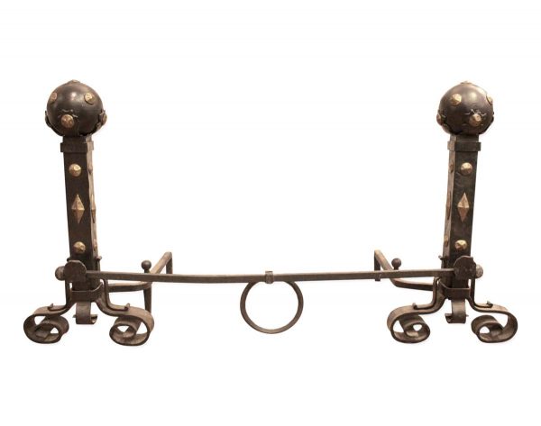 Andirons - Antique Arts & Crafts Wrought Iron & Brass Andiron Set