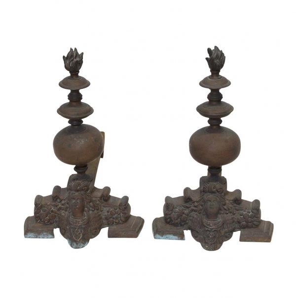 Andirons - Pair of Ornate French Bronze Figural Chenets Andirons