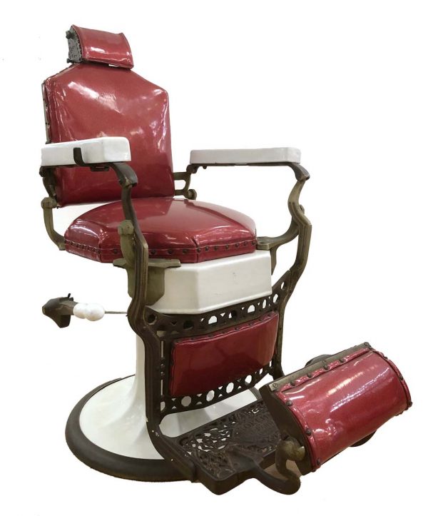 Commercial Furniture - Antique Koken Red Leather & White Enameled Cast Iron Barber Chair
