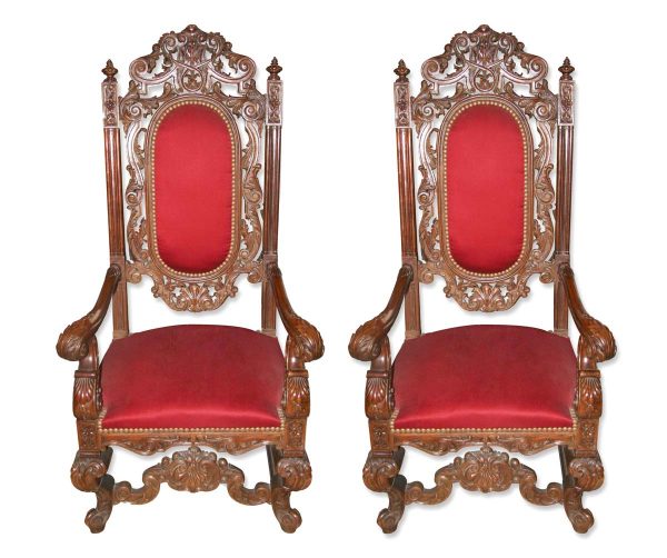 Living Room - Late 19th Century Pair of Italian Carved Walnut Chairs with Red Upholstery