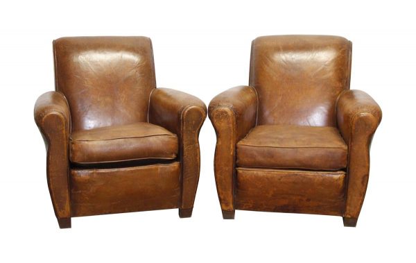 Living Room - Pair of 31 in. Vintage Brown Leather Distressed Club Chairs