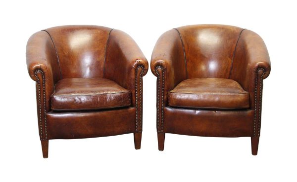 Living Room - Pair of Vintage 31 in. Studded Brown Leather Barrel Club Chairs