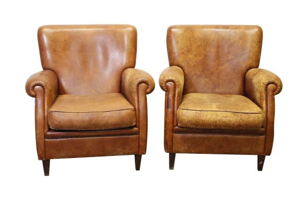 Living Room - Vintage Pair of 28 in. Imported Brown Leather Club Chairs