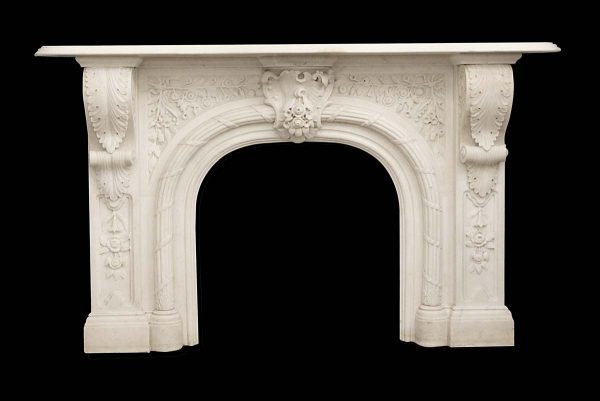 Marble Mantel - Late 1700s Heavily Carved Victorian Arched Statuary Marble Mantel