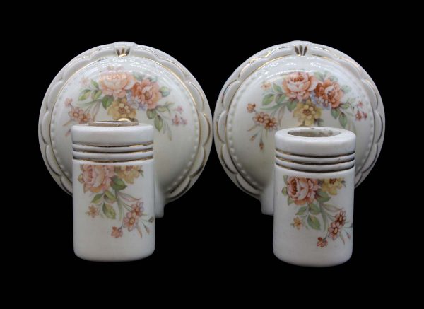 Sconces & Wall Lighting - Pair of 1940s White Floral Ceramic Bathroom Wall Sconces