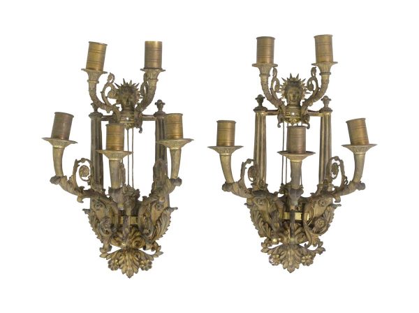 Sconces & Wall Lighting - Pair of 5 Arm Cast Bronze French Floral Figural Sconces