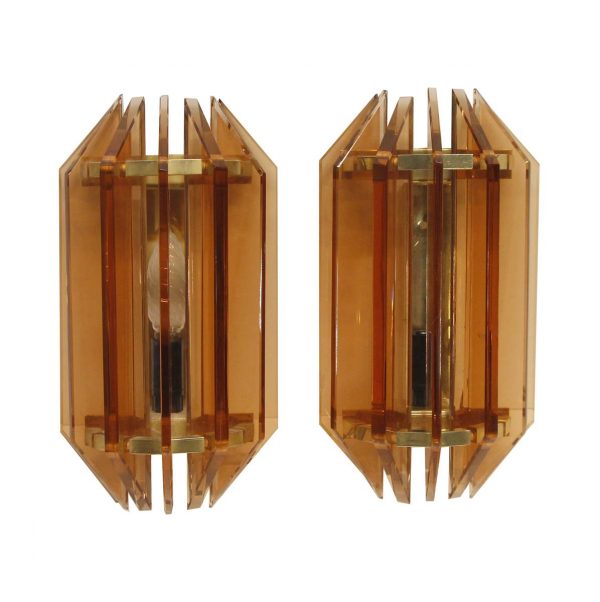 Sconces & Wall Lighting - Pair of Mid Century Amber Glass Italian Fan Wall Sconces