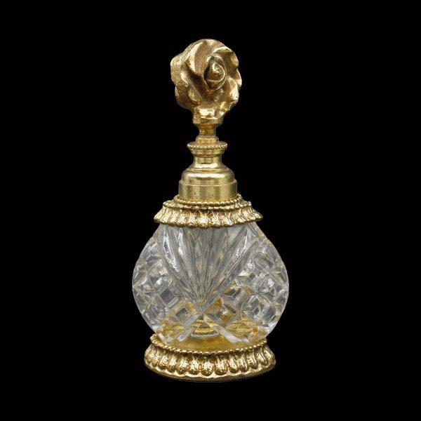 Bathroom - Glass & Brass Ornate Perfume Bottle with Rose Top