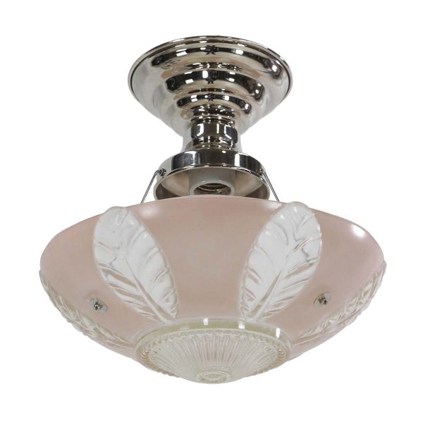 Flush & Semi Flush Mounts - 1940s Pink & Clear Leaf Glass Semi Flush Dome Light
