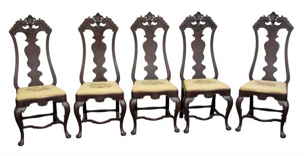 Kitchen & Dining - Set of Five Dark Wood Armless Chairs with Floral Details