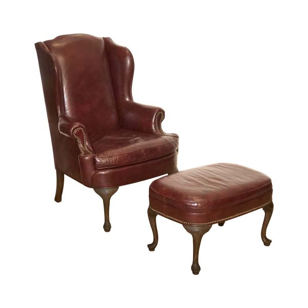 Living Room - Hickory Tavern Queen Anne Style Red Leather Wing Back Armchair & Matching Ottoman