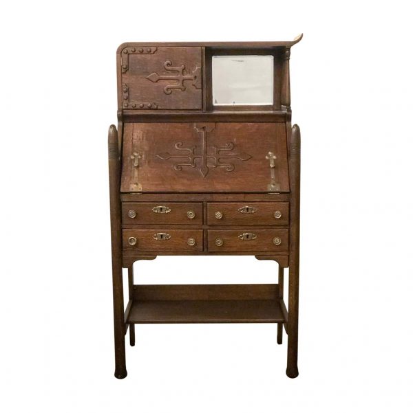 Office Furniture - Antique Oak Secretary Desk with Cabinet & Mirrored Shelf