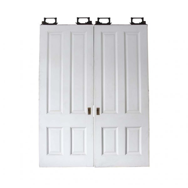 Pocket Doors - Antique 4 Pane White Wood Pocket Double Doors 94 x 72