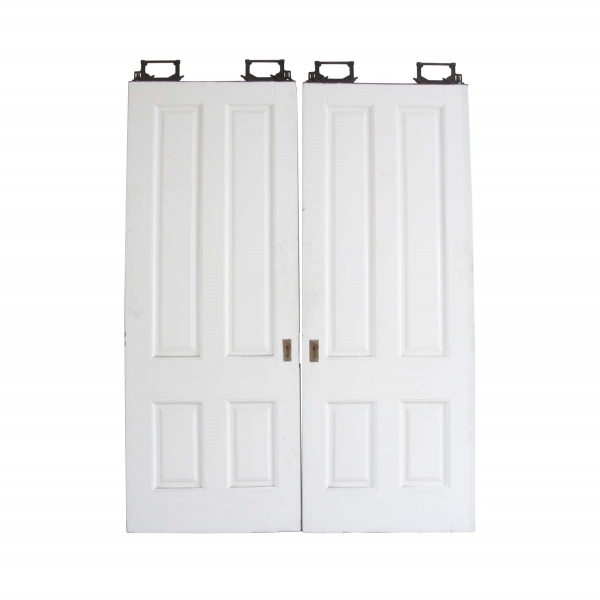 Pocket Doors - Antique 4 Pane White Wood Pocket Double Doors 95 x 72