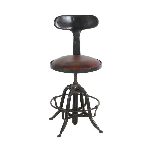 Seating - Steel Adjustable Stool with Brown Leather Cushion