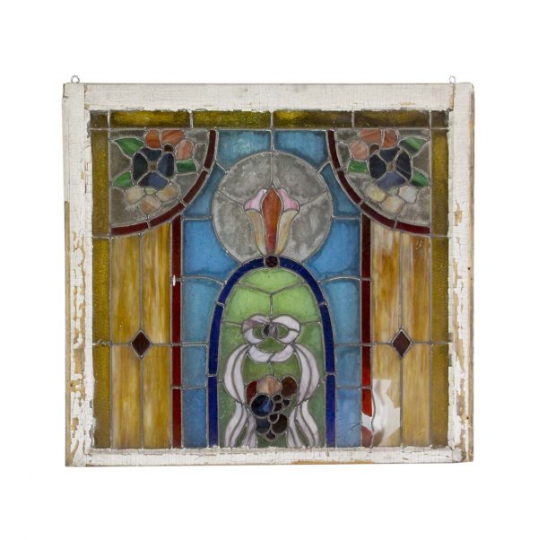 Stained Glass - Antique Wood Framed Stained Glass Art Nouveau Window