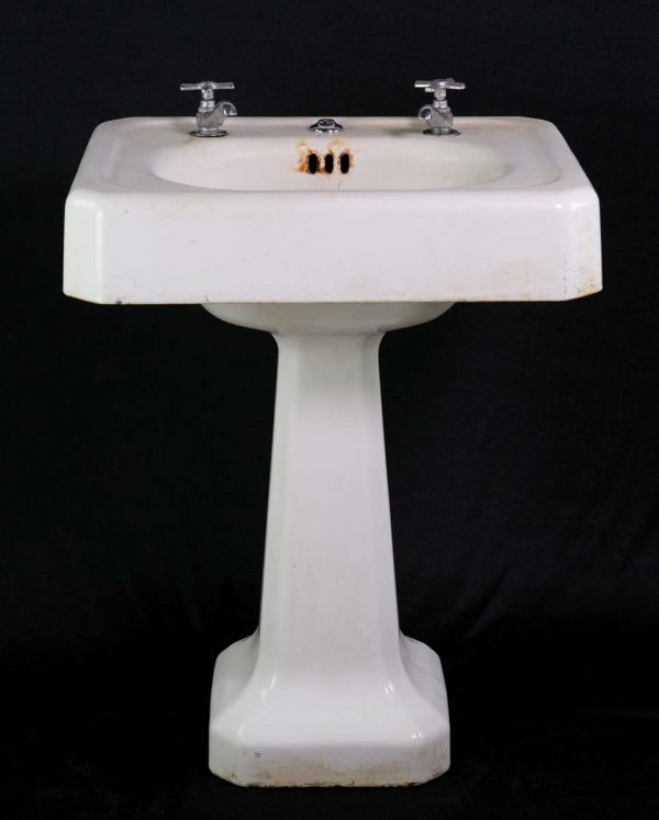 Bathroom - Enameled Cast Iron Art Deco Pedestal Sink with Dual Faucets