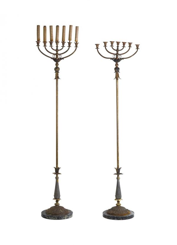Candelabra Lamps - Pair of Bronze Electrified Standing Menorah Candelabras