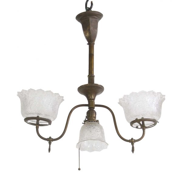 Chandeliers - Late 1800s Victorian Brass & Floral Glass Shade Converted Gas Light