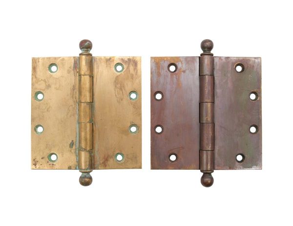 Door Hinges - Pair of Antique 5 x 5 Classic Brass Ball Tip Butt Door Hinges