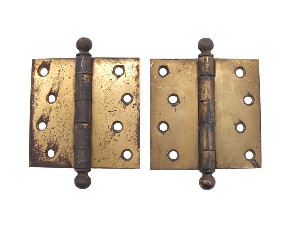 Door Hinges - Pair of Antique Brass Plated Ball Tip 4 x 4 Butt Door Hinges