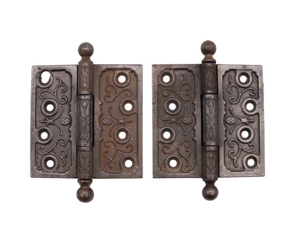 Door Hinges - Pair of Cast Iron Ornate Ball Tip Victorian Butt Door Hinges