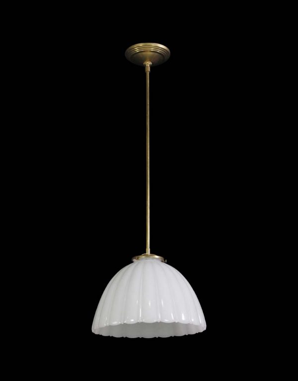 Down Lights - 1900s Fluted Milk Glass Brass Kitchen Island Pendant Light