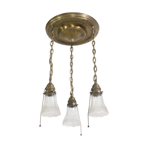 Down Lights - 1940s Traditional Brass Pan 3 Glass Shades Pendant Light