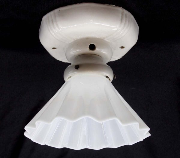 Flush & Semi Flush Mounts - Antique Art Deco White Ruffled Glass Shade Ceramic Flush Mount