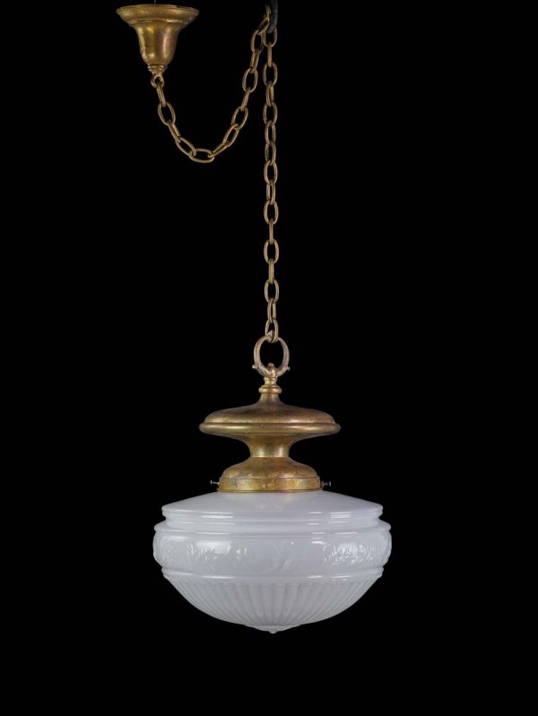 Globes - 1910s Opaline Fluted Cast Glass & Brass Chain Pendant Light