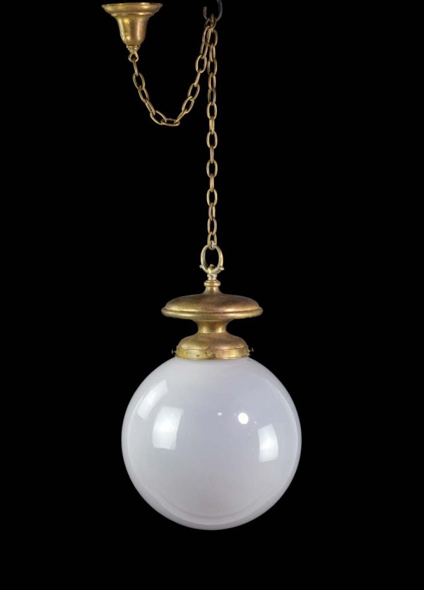 Globes - 1910s Opaline Spherical Globe Brass Chain Pendant Light