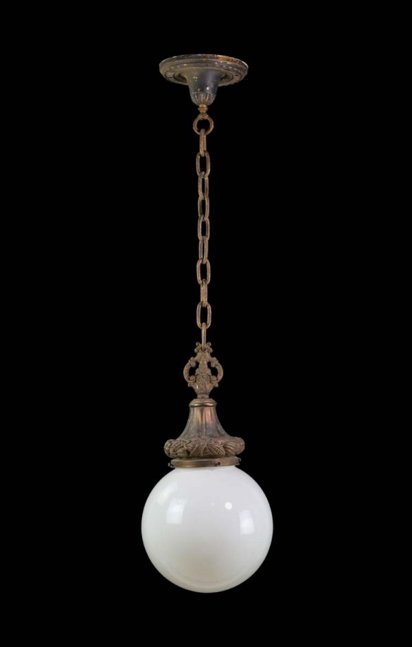 Globes - 1910s Victorian Spherical Opal Glass & Bronze Pendant Light