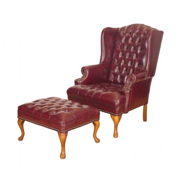 Living Room - Oxblood Red Tufted Leather Wing Back Chair & Ottoman