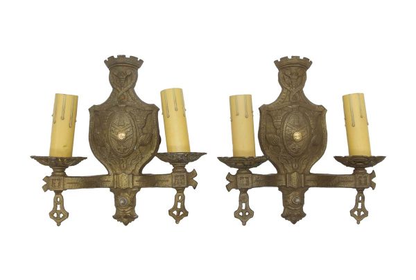 Sconces & Wall Lighting - 1940s Pair of Bronze Tudor 2 Arm Wall Sconces