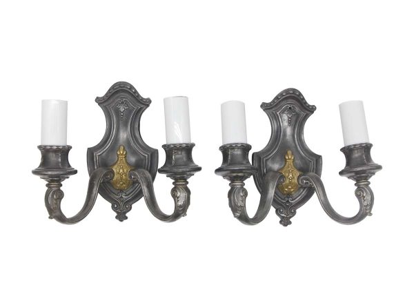 Sconces & Wall Lighting - Pair of French Double Arm Pewter & Brass Wall Sconces