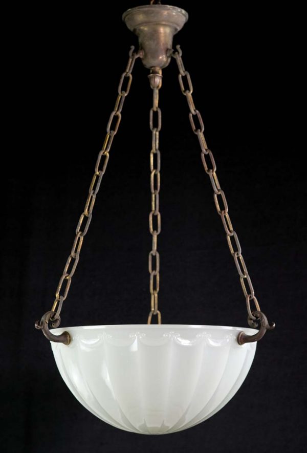 Up Lights - 1900s Cast Milk Glass Brass Chain Dish Pendant Light