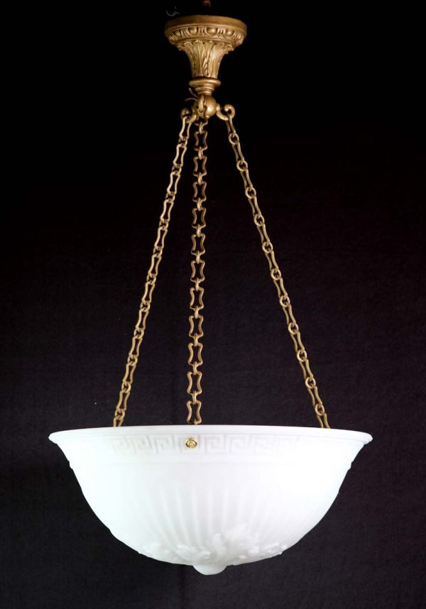 Up Lights - 1900s Milk Glass Greek Key Hanging Dish Pendant Light