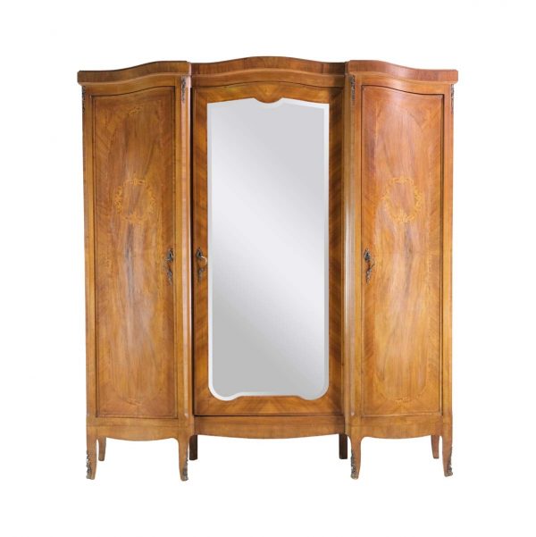 Armoires & Vitrines - French Birch Inlaid Floral Patterns & Beveled Mirror Armoire